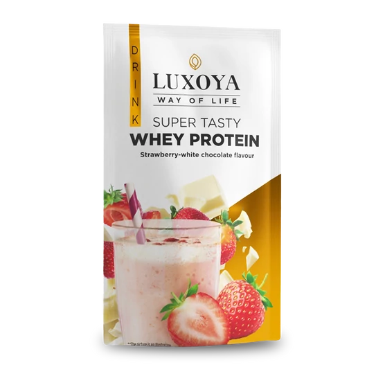 Luxoya Whey Protein - Tejsavó fehérje italpor 30g - Eper-Fehér csokoládé ízű Liofilizált eper darabokkal