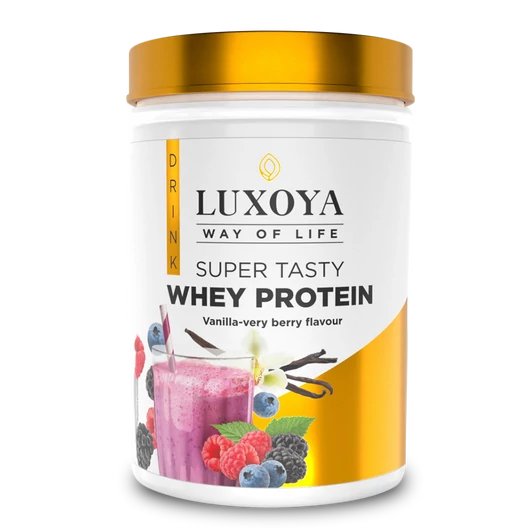 Luxoya Whey Protein - Tejsavó koncentrátum italpor 450g PET - Vanília-Bogyós gyümölcs ízű