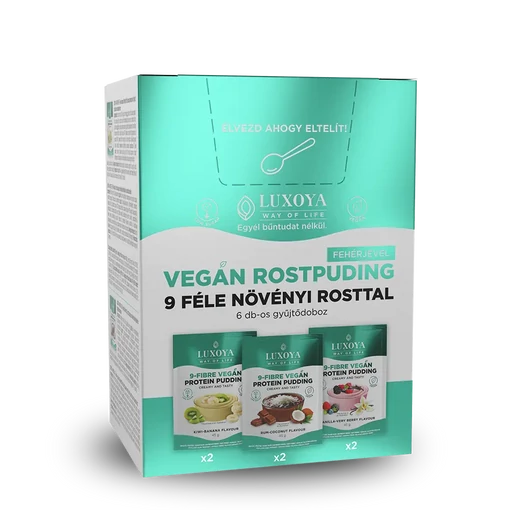 Luxoya 9-FIBRE VEGAN PROTEIN PUDDING - VEGÁN FEHÉRJÉT TARTALMAZÓ ROSTPUDING 9 FÉLE NÖVÉNYI ROSTTAL - Gyűjtődoboz 6x45 g (2x3 íz)